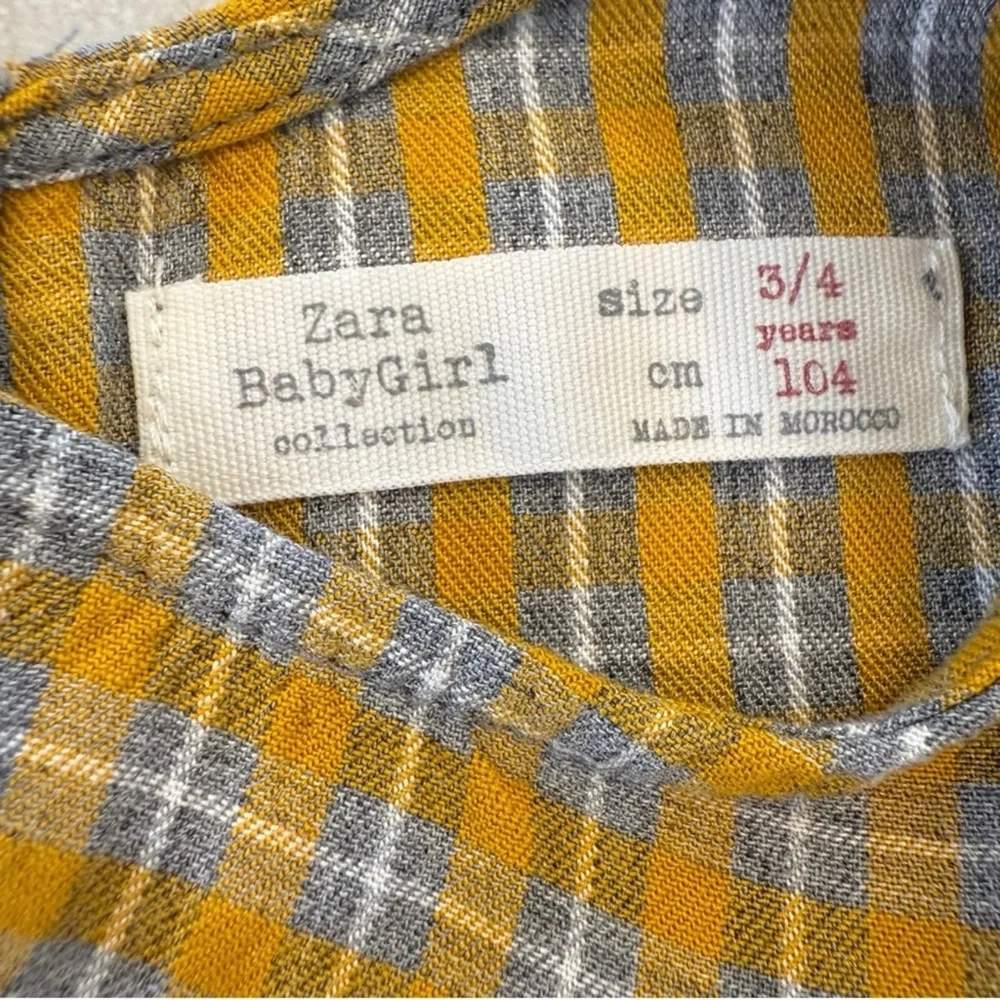 Zara Girls Mustard Gray Plaid Peplum Bow Long Sleeve Top 3-4